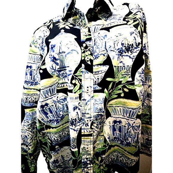 Women’s Talbots White And Cobalt Blue Chinoiserie Vases Blouse Size Large 12 14 - Picture 1 of 13